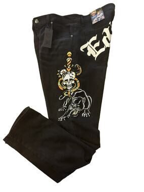 Ed Hardy Slim Jeans Denim Embroidered Skull Snake Panther Black Size 38 NWT